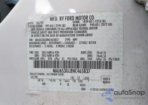 2022 Ford Ecosport Se z USA, uszkodzony, nr VIN MAJ6S3GL8NC465837